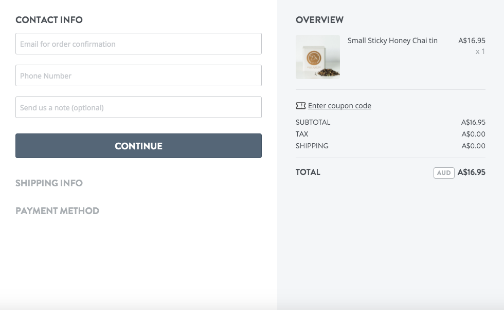 Screenshot of the checkout page of a Strikingly user's website that sells tea leaves Screenshot of the checkout page of a Strikingly user's website that sells tea leaves